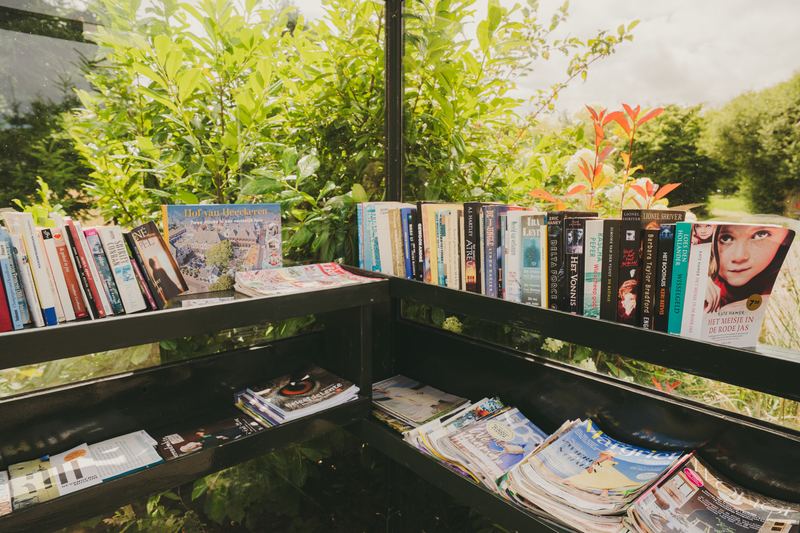 Romans en tijdschriften op de planken van de boekenruilkast, met groen achter het glas